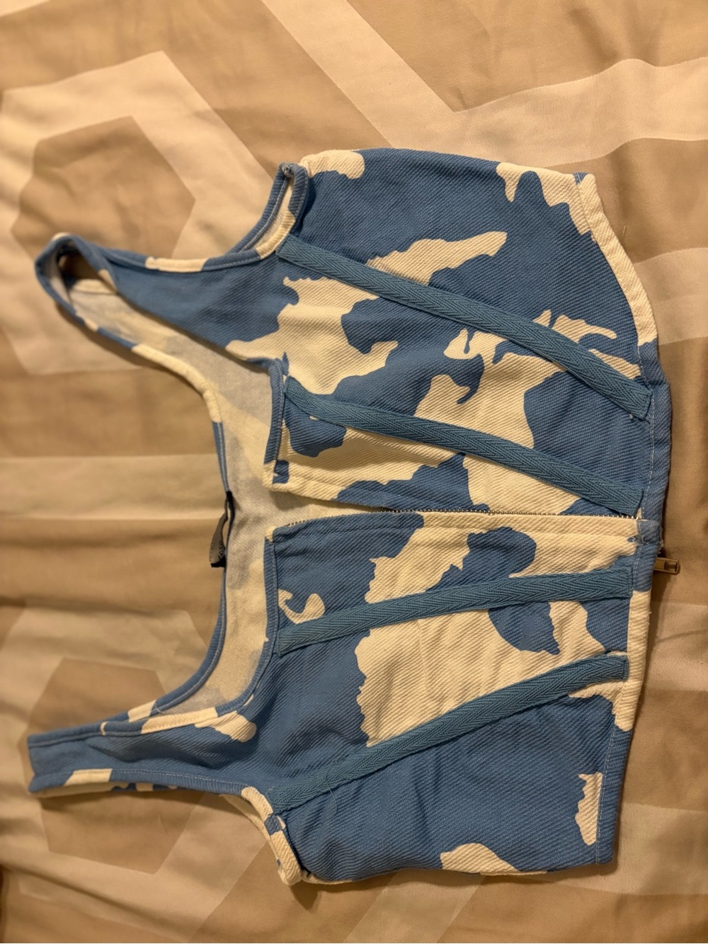Blue and Cream Printed Crop Top - Structured Support